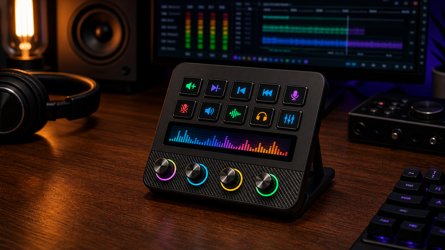 VSDinside Stream Dock N4 Pro on an audio creator desk for volume and mixer control