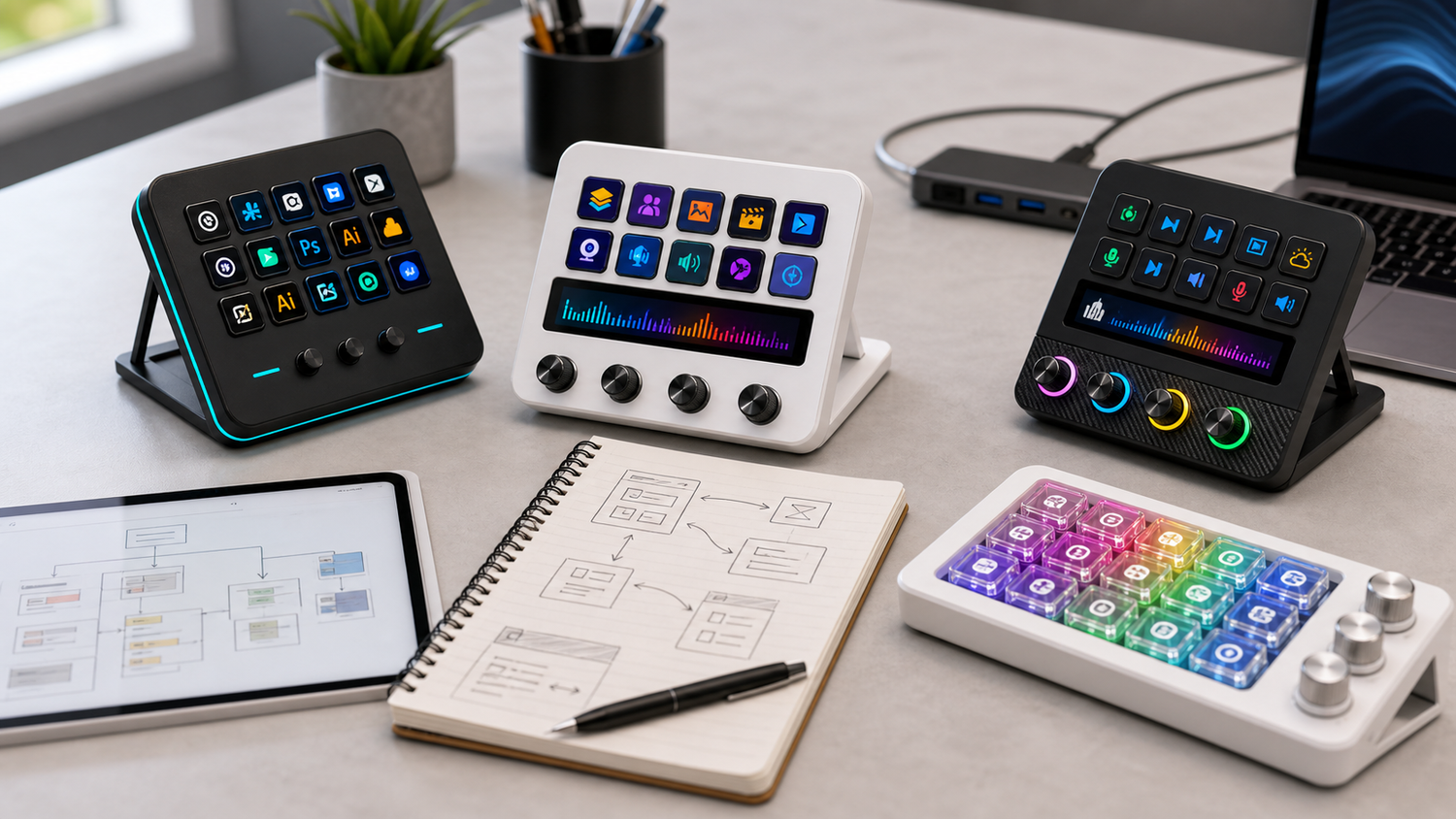 VSDinside Stream Dock product family arranged on a planning desk with workflow notes
