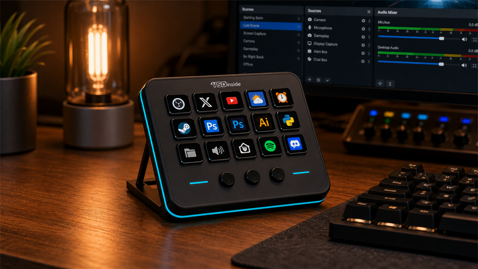 VSDinside Stream Dock M18 as a 15-key Stream Deck MK.2 alternative on a creator desk