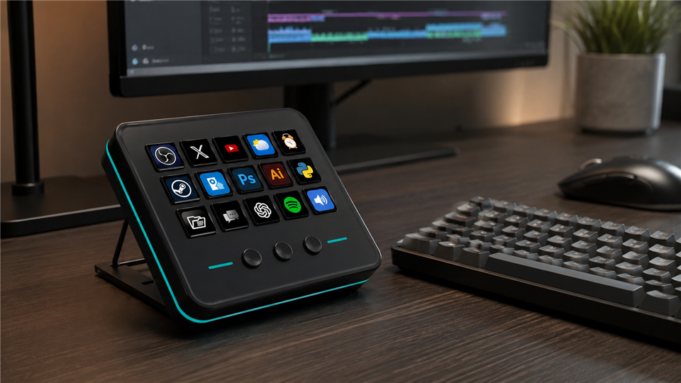VSDinside Stream Dock M18 with fifteen display keys and three bottom physical buttons on an editing desk.