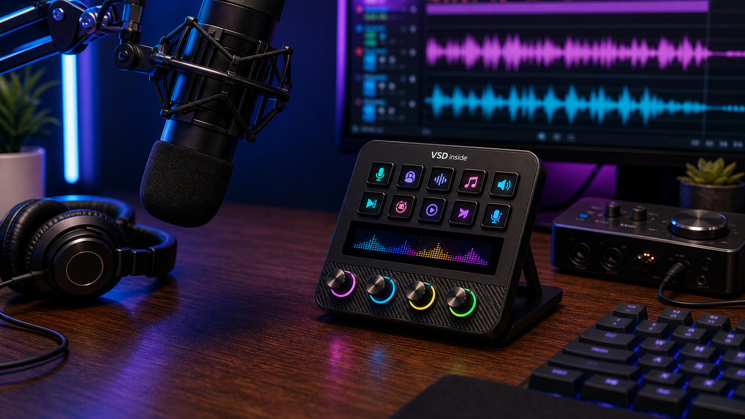 VSDinside Stream Dock N4 Pro in an audio desk setup for voice effects and soundboard control