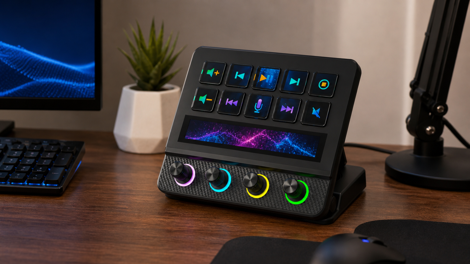 VSDinside Stream Dock N4 Pro with four knobs and Touch Bar on a creator desk.