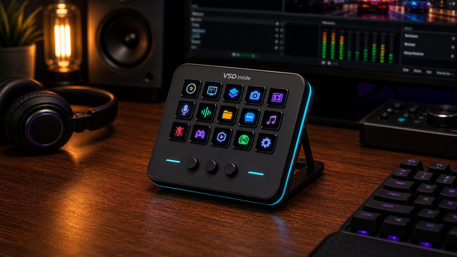 VSDinside Stream Dock M18 on a creator desk for OBS scenes and shortcut workflows
