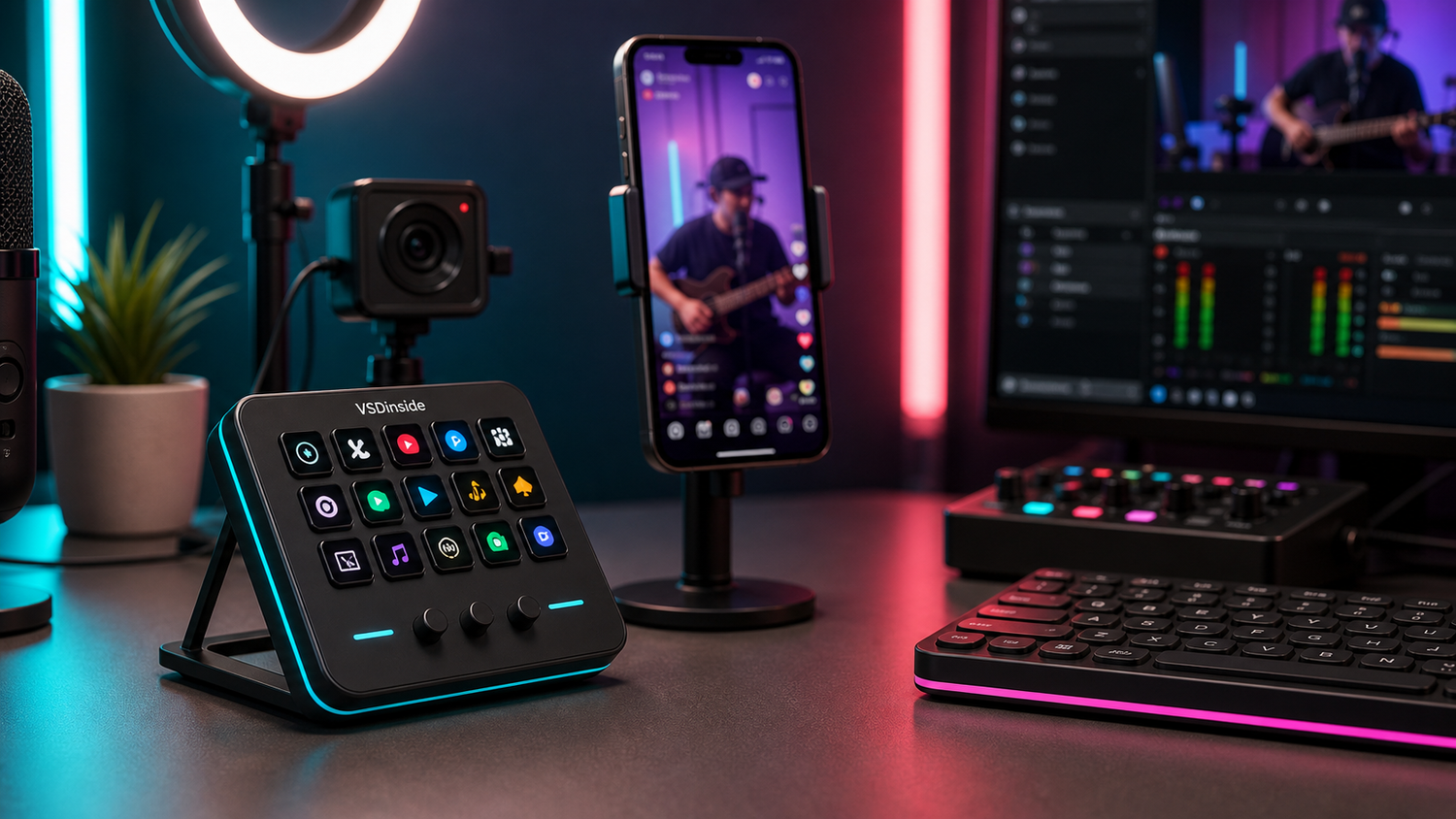 VSDinside Stream Dock M18 in a vertical livestream workstation with phone and studio lights