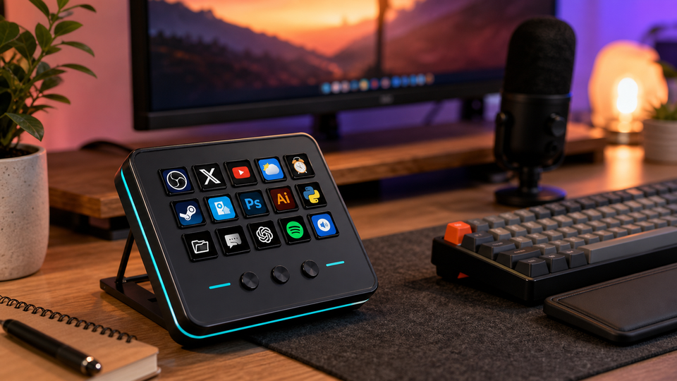 VSDinside Stream Dock M18 on a creator desk as a cheap Stream Deck alternative