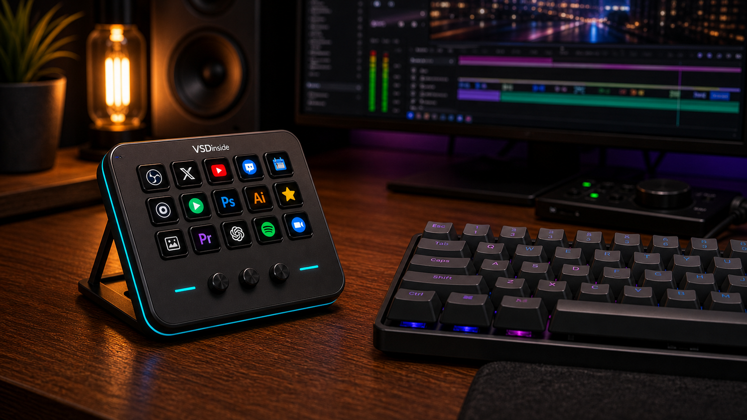VSDinside Stream Dock M18 beside a mechanical keyboard on a creator desk