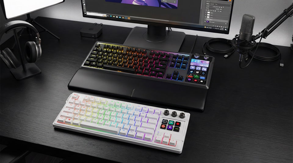 VSDinside K1 Pro and Corsair Galleon 100 SD stream deck integrated keyboards on desk setup
