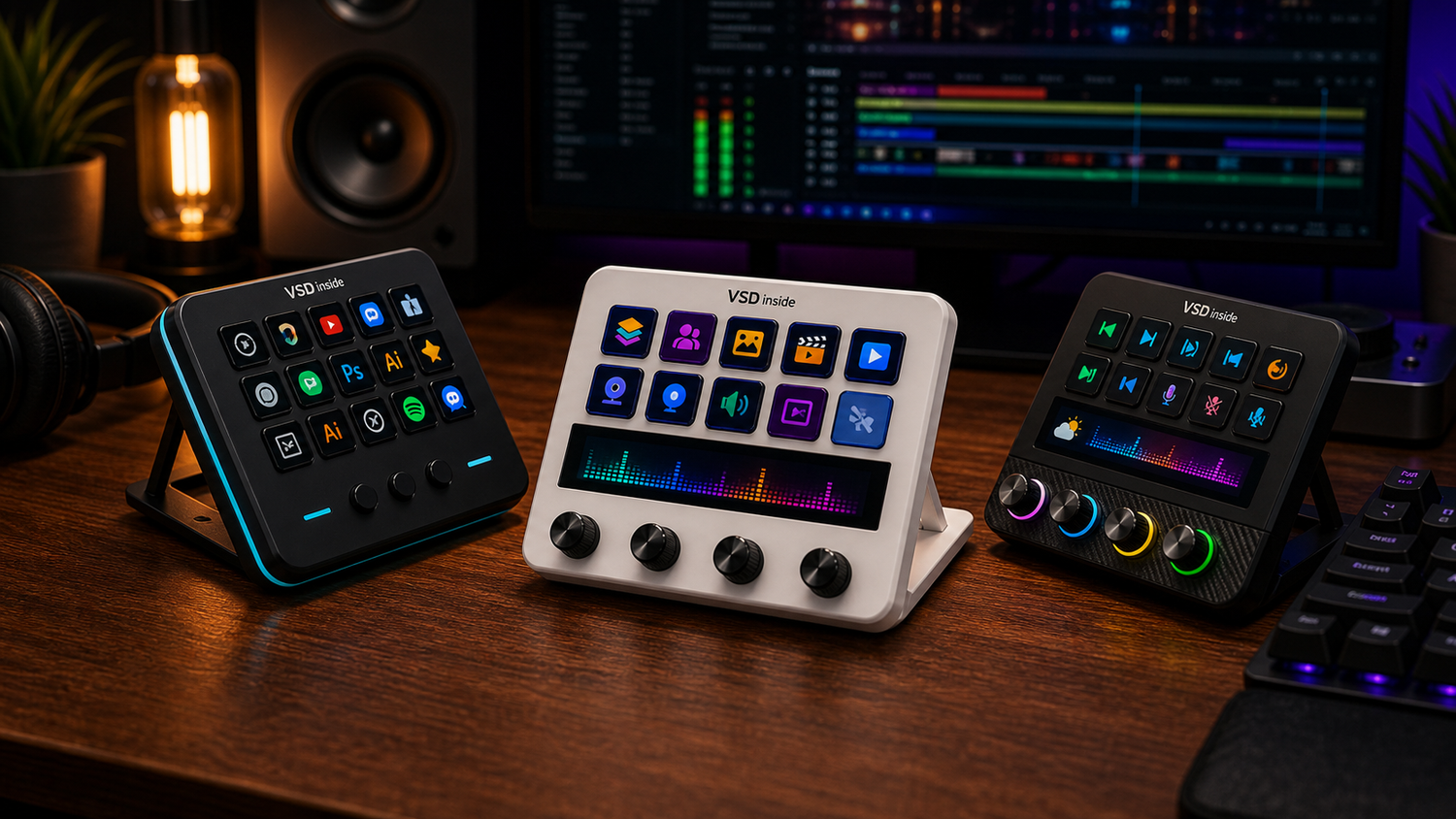 VSDinside Stream Dock M18, N4, and N4 Pro on a creator desk as budget Stream Deck alternatives