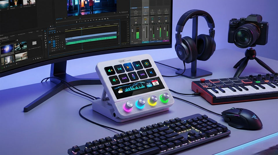 Stream Dock N4 Pro creator desk setup with dynamic background, Touch Bar, and RGB encoders.