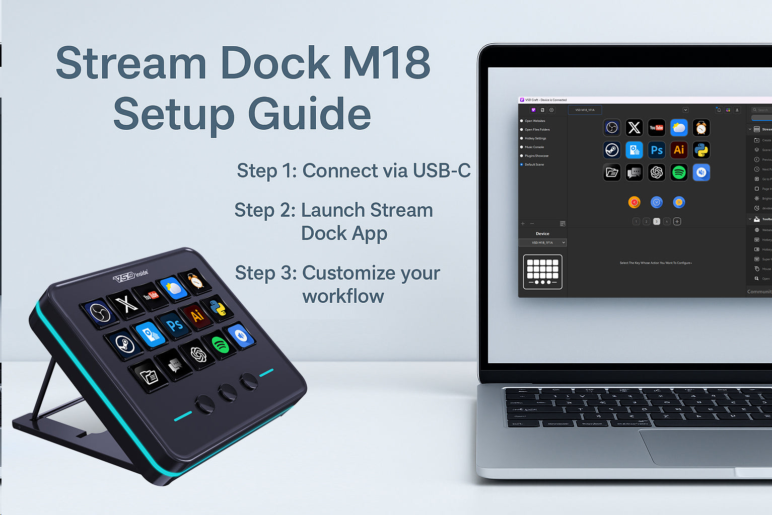 Inside Stream Machine Stream Dock M18 Setup Guide – VSDinside Stream Deck, AI Keyboard