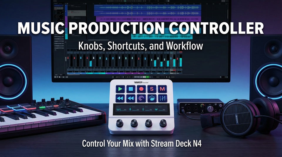 Stream Dock N4 used as a music production controller with knobs and shortcuts
