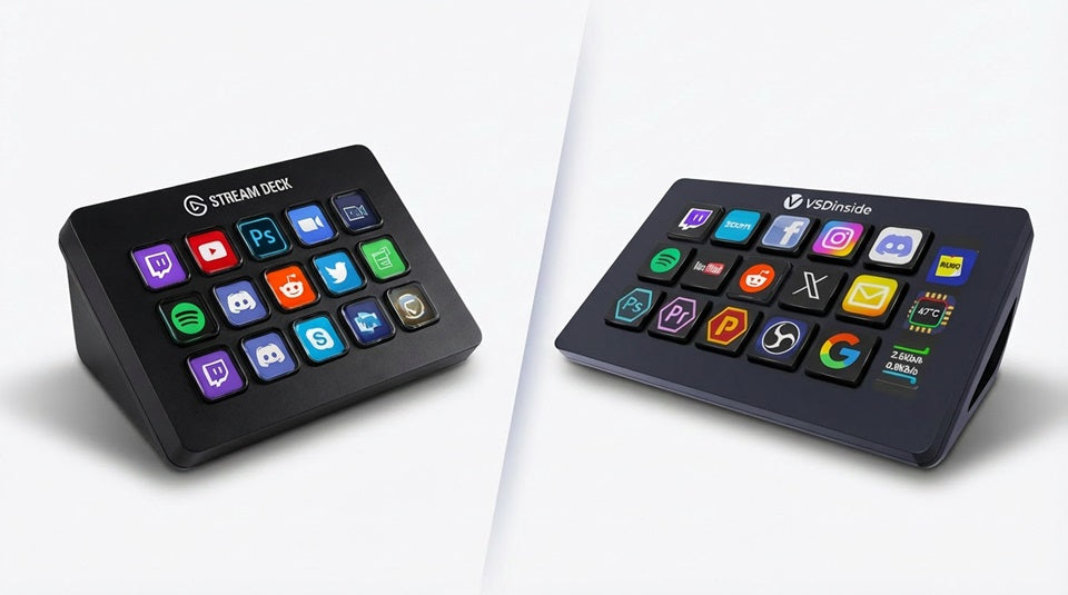 Stream Dock 293S compared with Stream Deck Mk.2 showing info display window