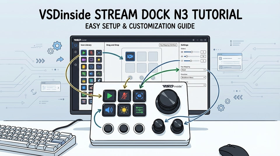 Stream Dock N3 setup guide showing key mapping and knob configuration.