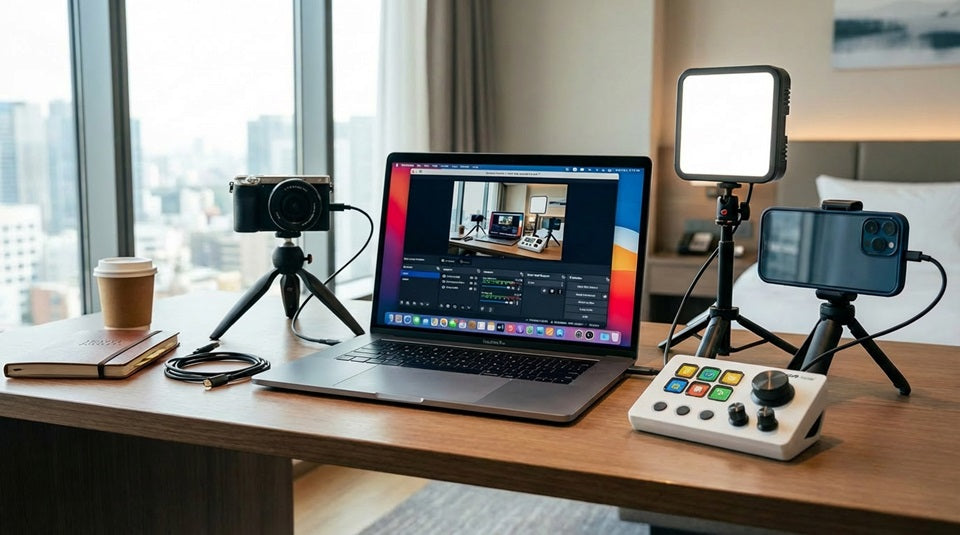 Travel streaming kit with Stream Dock N3 showing compact knobs and portable workflow tools.