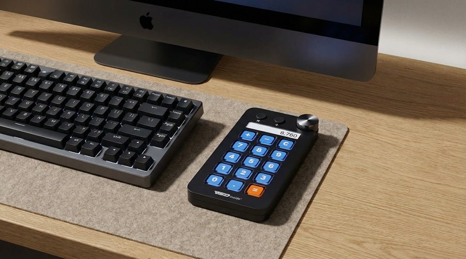 Stream Dock N1 vertical control deck beside compact keyboard