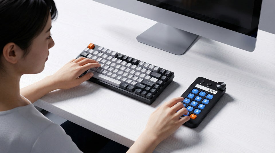 Stream Dock N1 standalone number pad and calculator beside compact keyboard