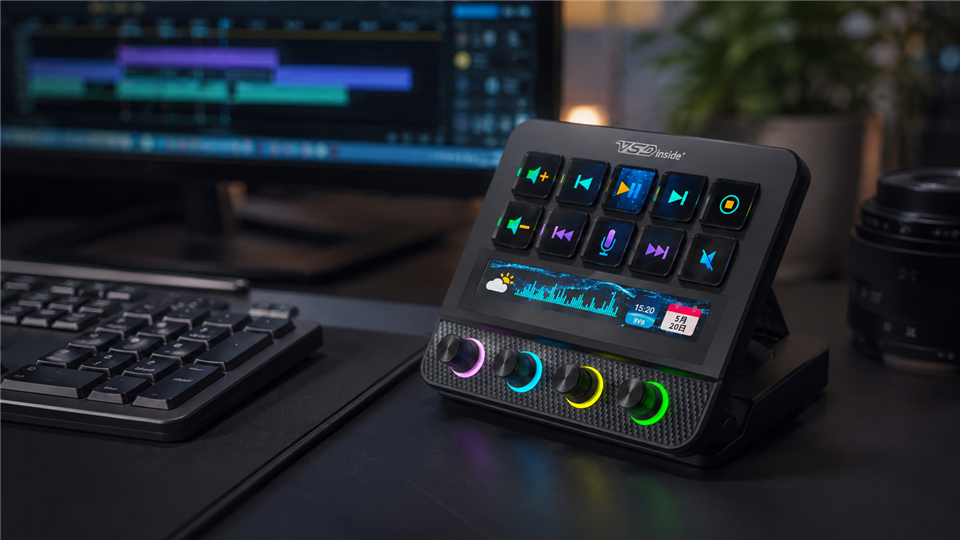 VSDinside Stream Dock N4 Pro with eight display keys, Touch Bar, and four knob ring lights on a video editing desk.