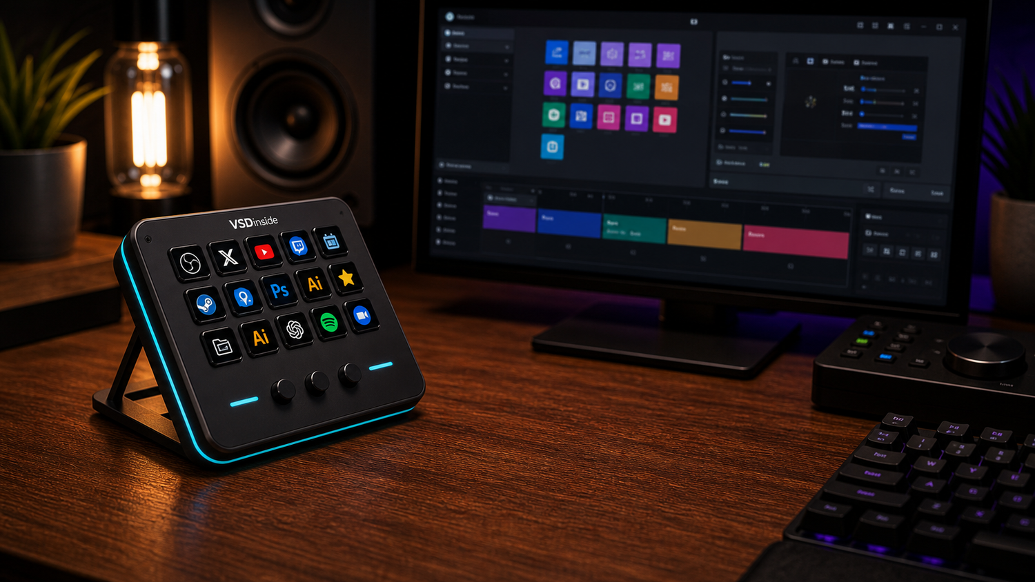 VSD Craft setup screen with VSDinside Stream Dock M18 on a creator desk