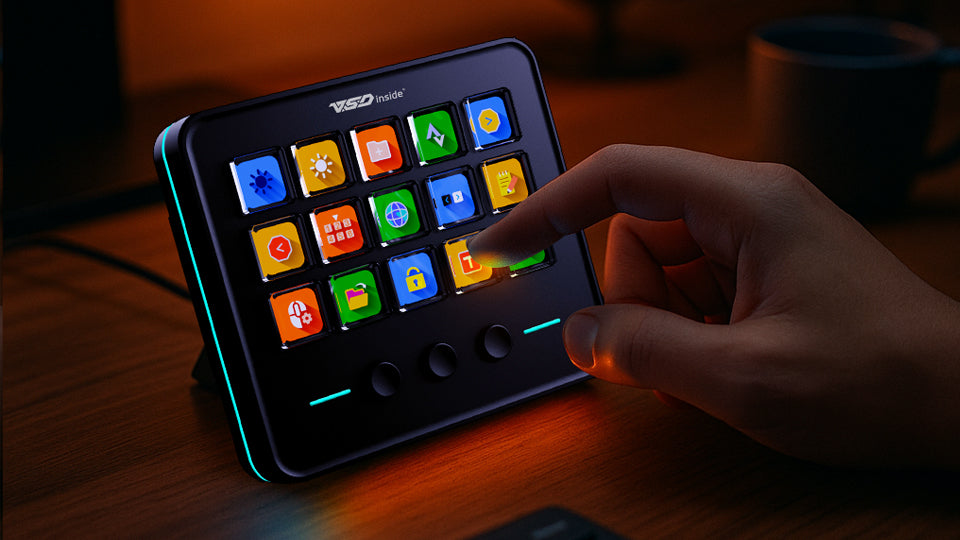 Stream Dock M18 on a creator’s desk with warm RGB lighting and a hand pressing a tactile button, showing comfort and immersion in a cozy editing workspace.