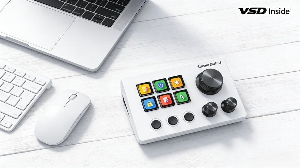 Minimal desk setup with Stream Dock N3 in a clean modern workspace.