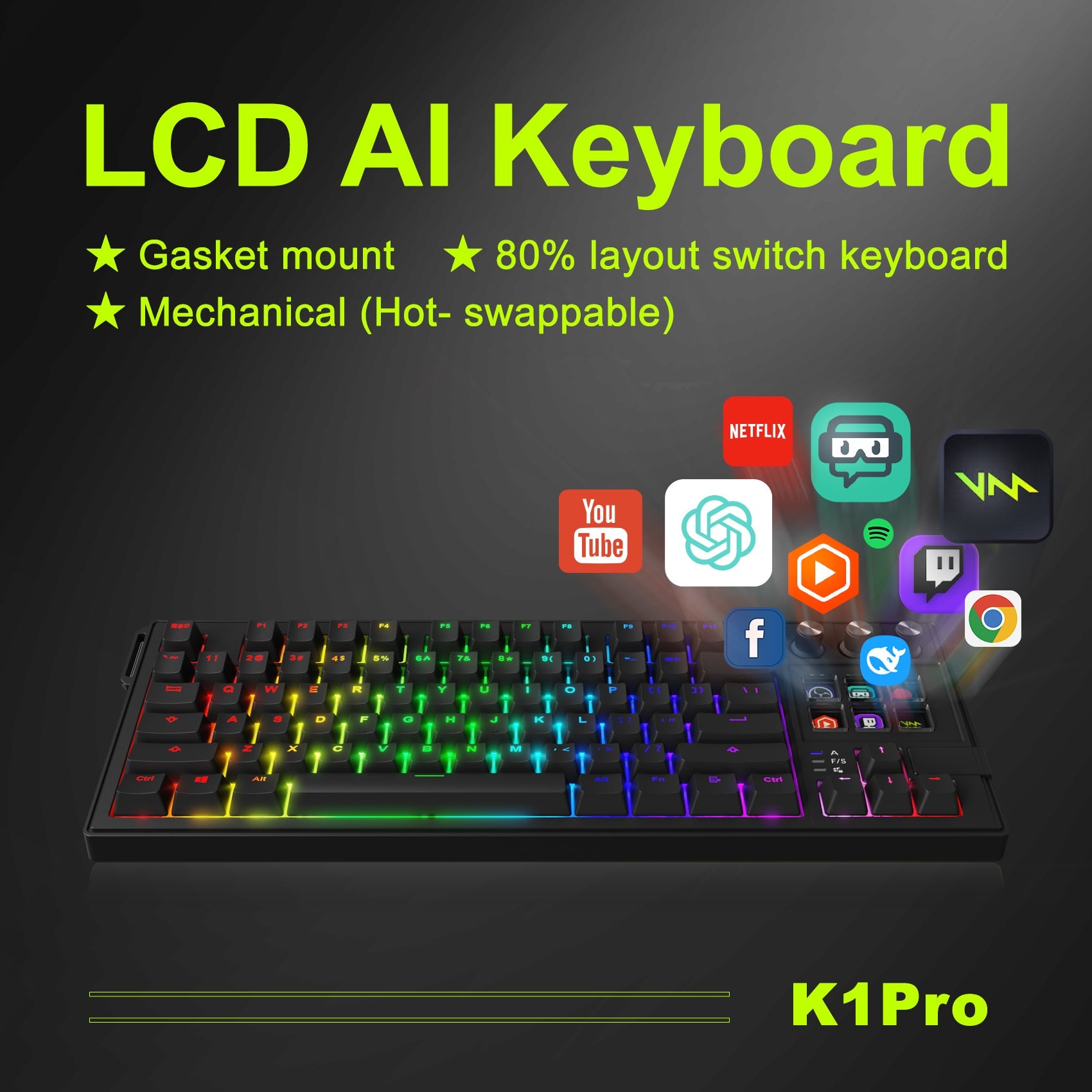 VSDinside K1 Pro 87-Key RGB Mechanical AI Keyboard – Programmable Stream Deck | Gaming & Productivity VSDINSIDE